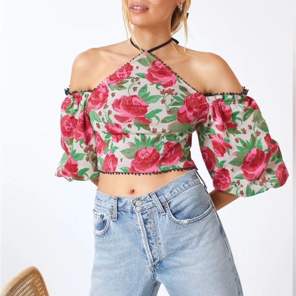 Anthropologie Floral Off The Shoulder Halter Cropped Top SZ S EUC